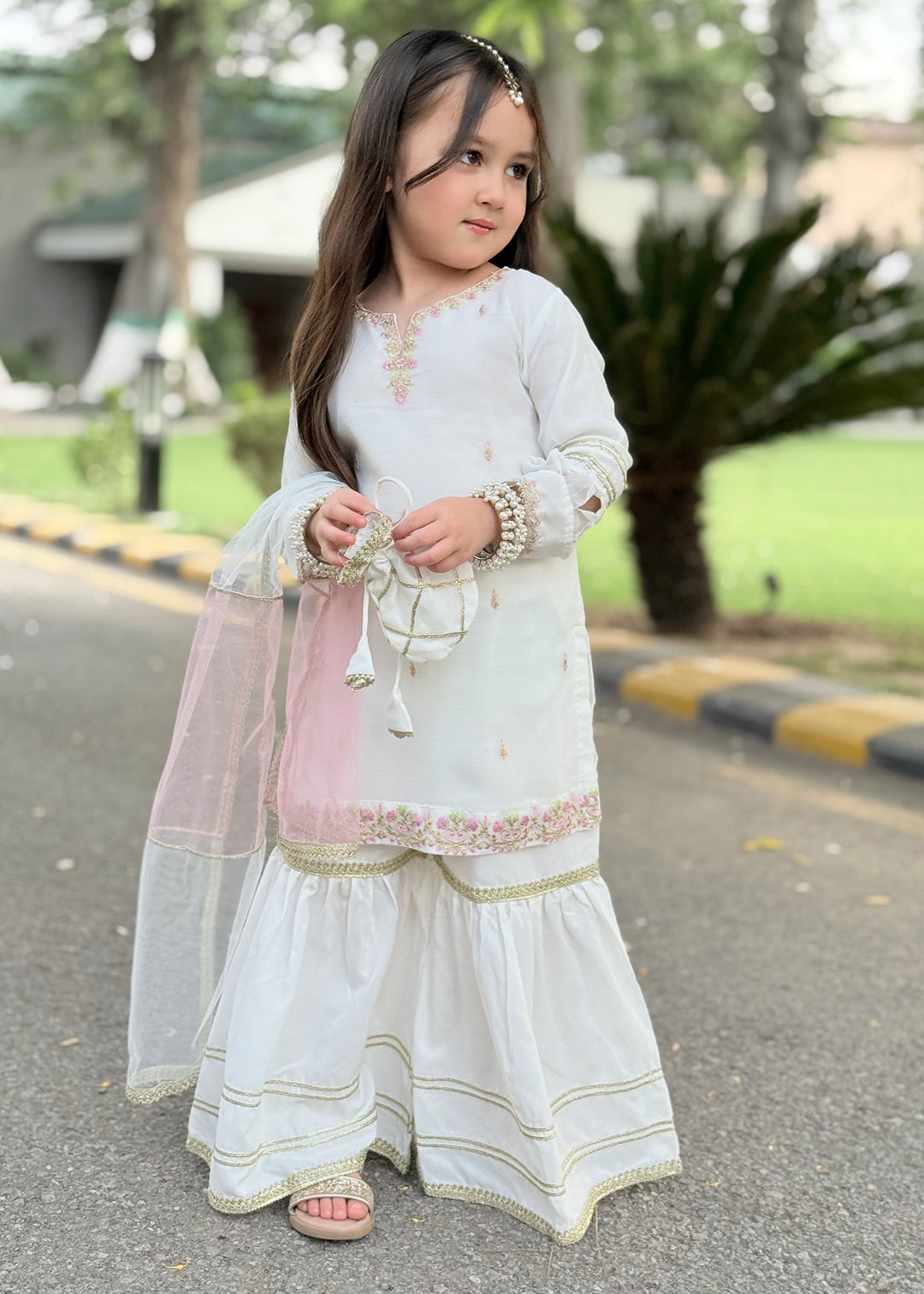 Modest - Chiffon Embroidered Gharara For Girl - White - 3 Piece