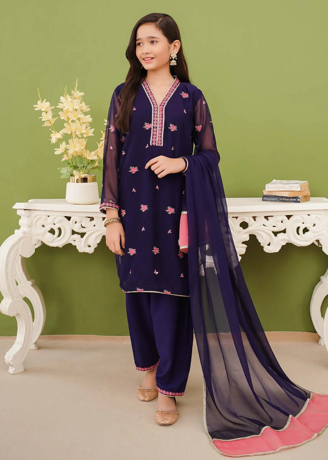 Modest - Chiffon Embroidered Suit For Girl - Blue - 3 Piece