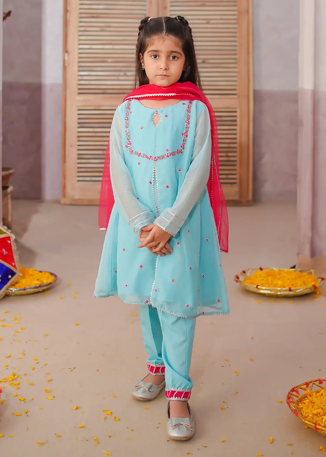 Modest - Chiffon Embroidered Suit For Girl - Blue - 3 Piece