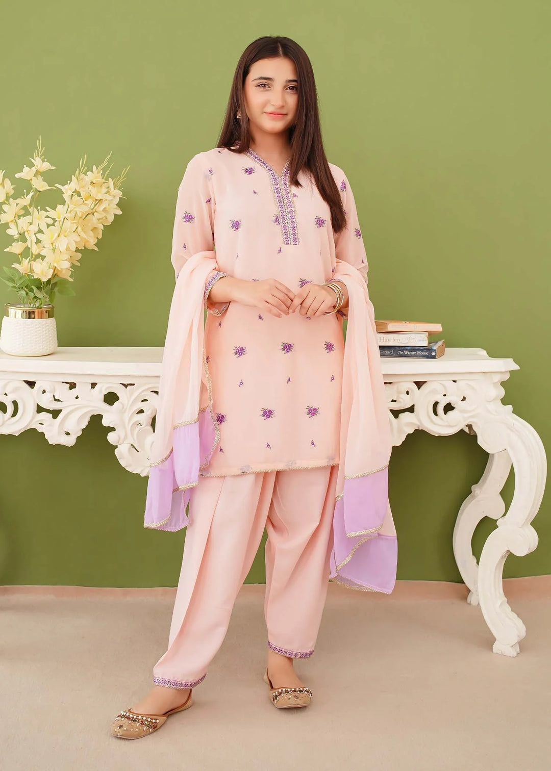 Modest - Chiffon Embroidered Suit For Girl - Peach - 3 Piece