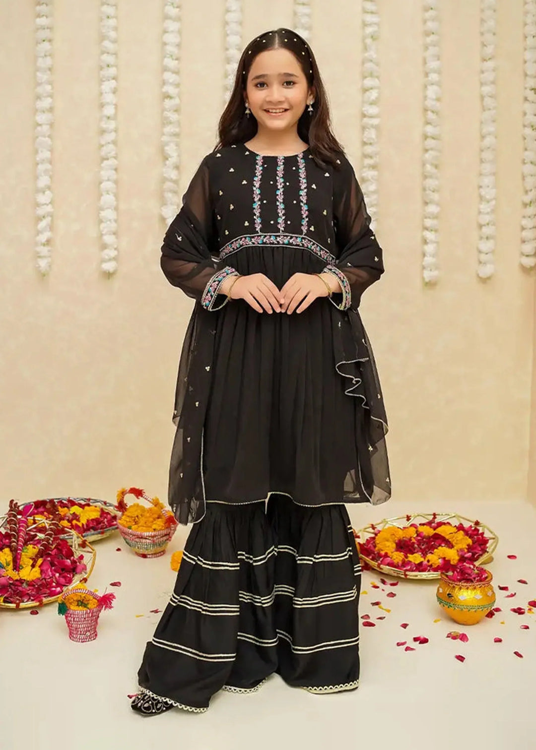Modest - Chiffon Gharara For Girl - Black - 3 Piece