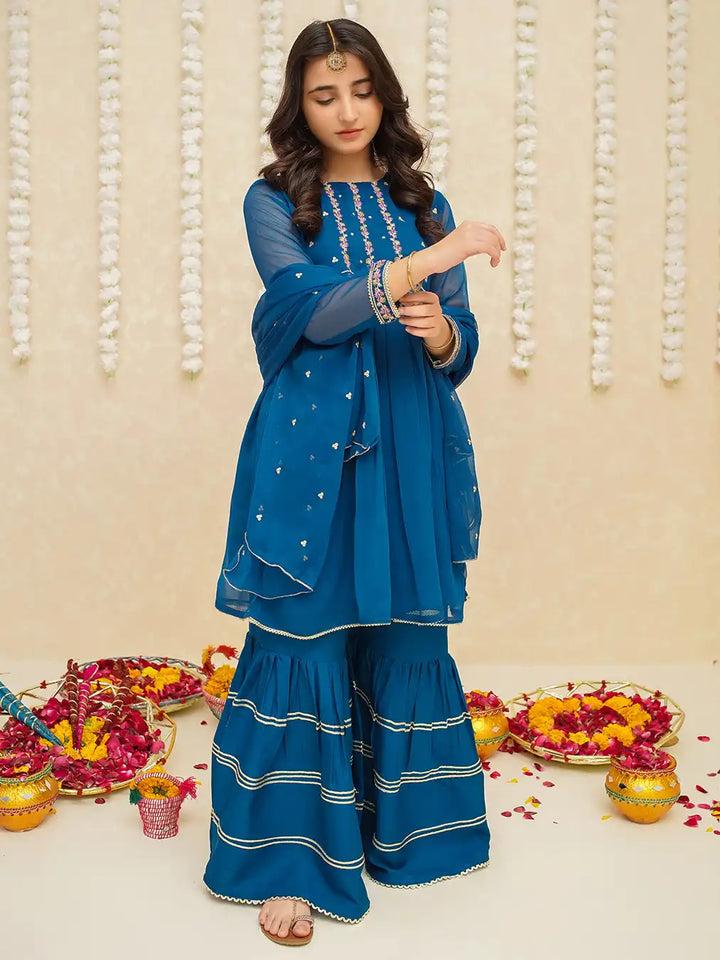 Modest - Chiffon Suit For Girl - Blue - 3 Piece