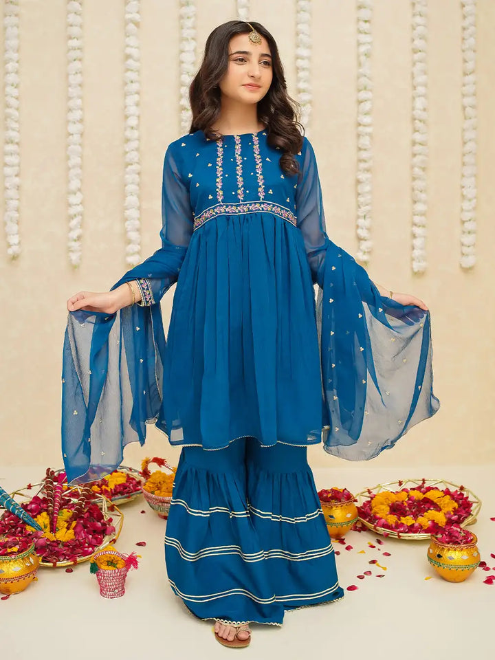 Modest - Chiffon Suit For Girl - Blue - 3 Piece