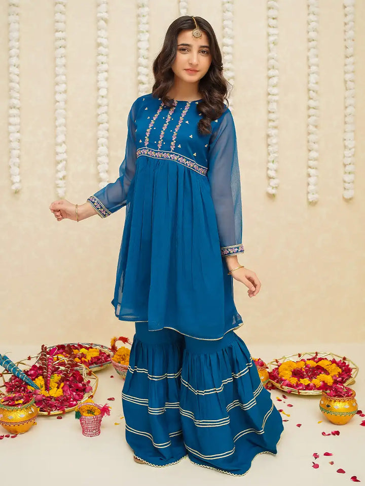 Modest - Chiffon Suit For Girl - Blue - 3 Piece