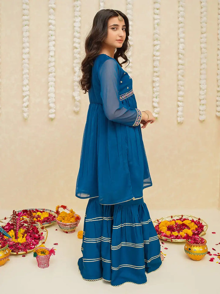 Modest - Chiffon Suit For Girl - Blue - 3 Piece
