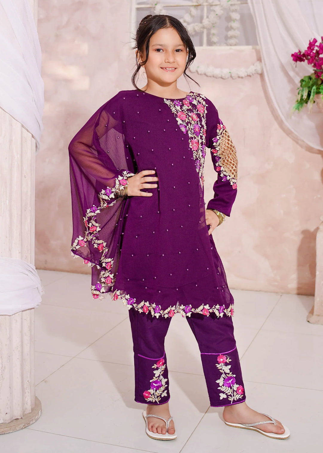 Modest - Chiffon Suit For Girl - Pearl - 3 Piece