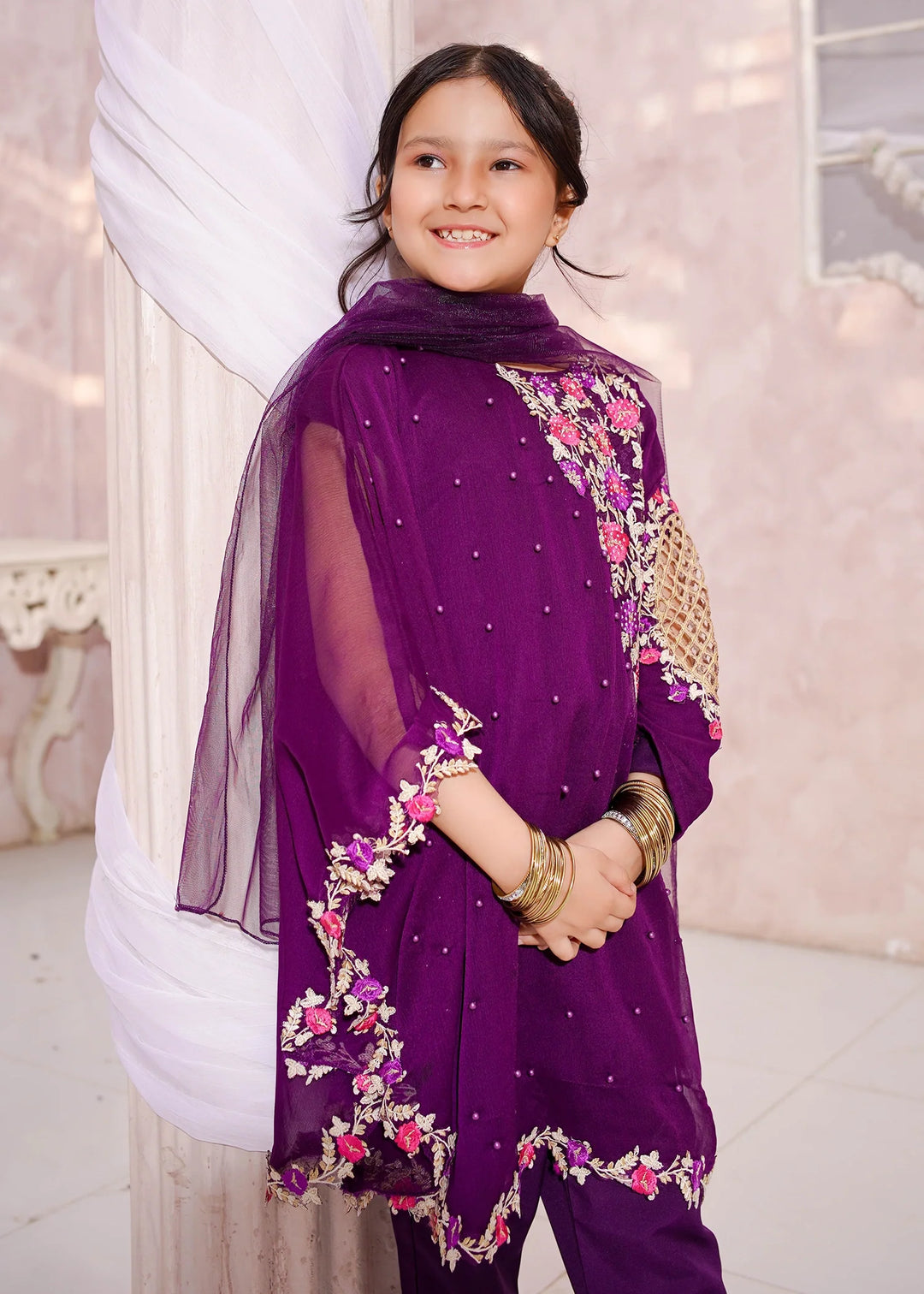 Modest - Chiffon Suit For Girl - Pearl - 3 Piece