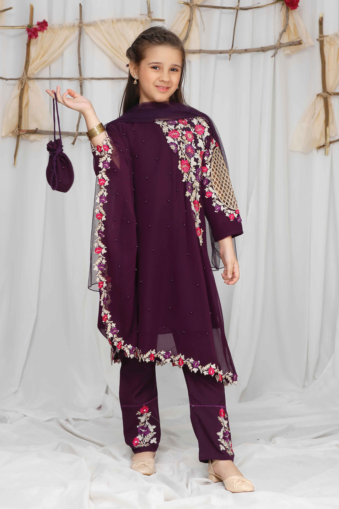 Modest - Chiffon Suit For Girl - Pearl - 3 Piece