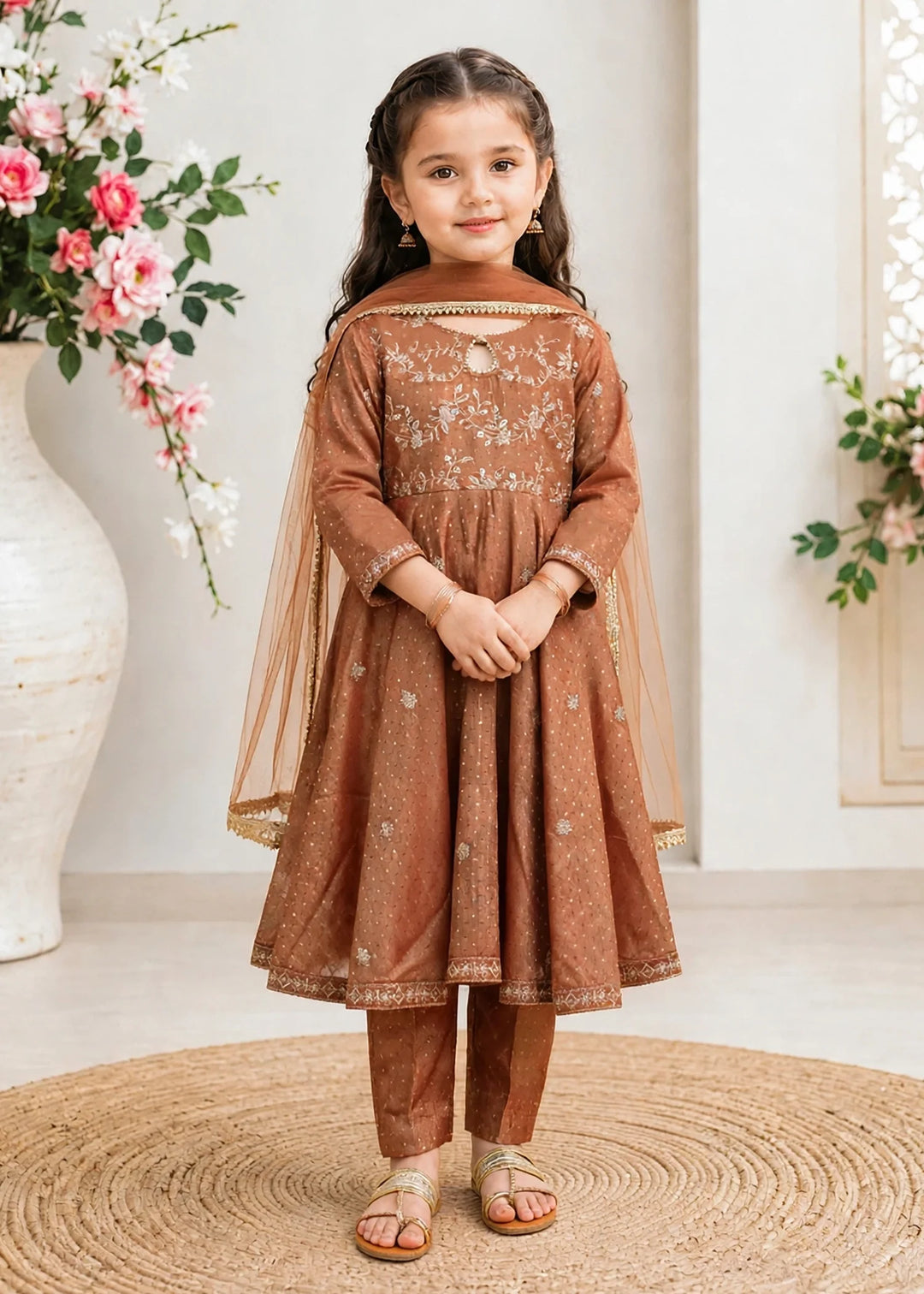 Modest Cotton Lawn Embroidered Frock Brown 3 Piece