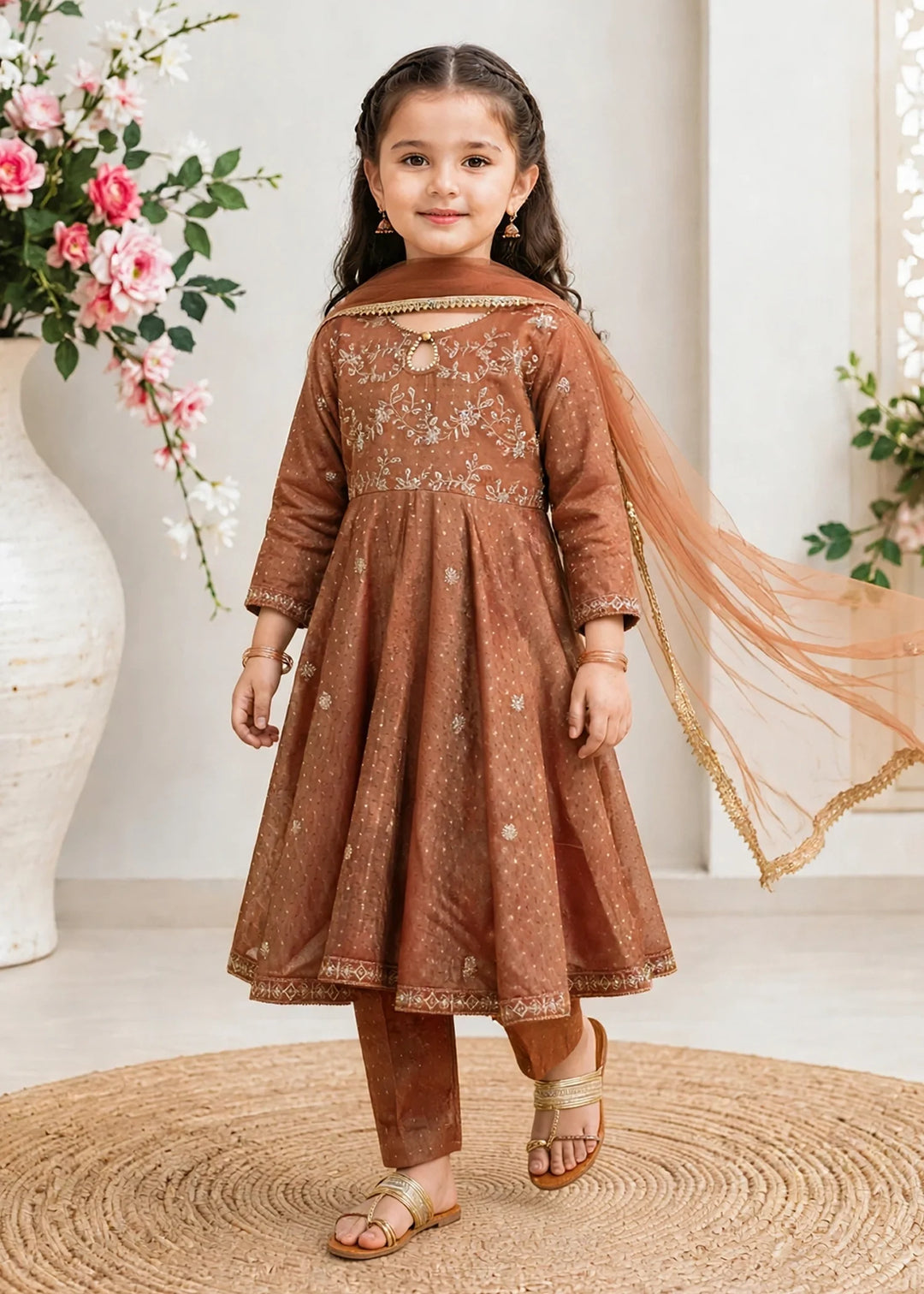 Modest Cotton Lawn Embroidered Frock Brown 3 Piece