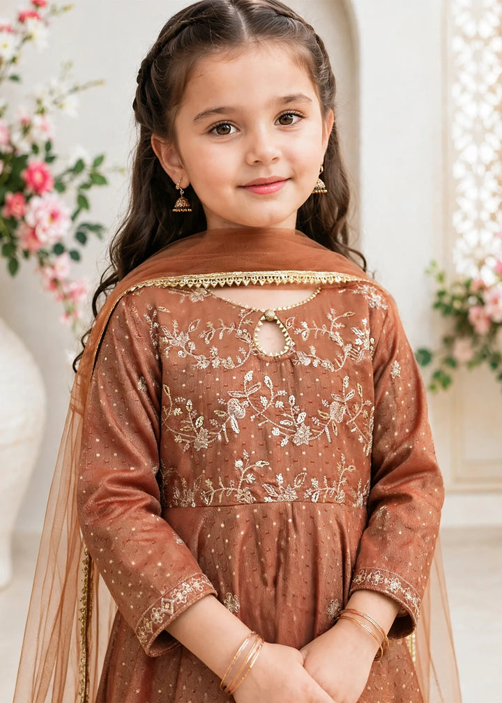 Modest Cotton Lawn Embroidered Frock Brown 3 Piece