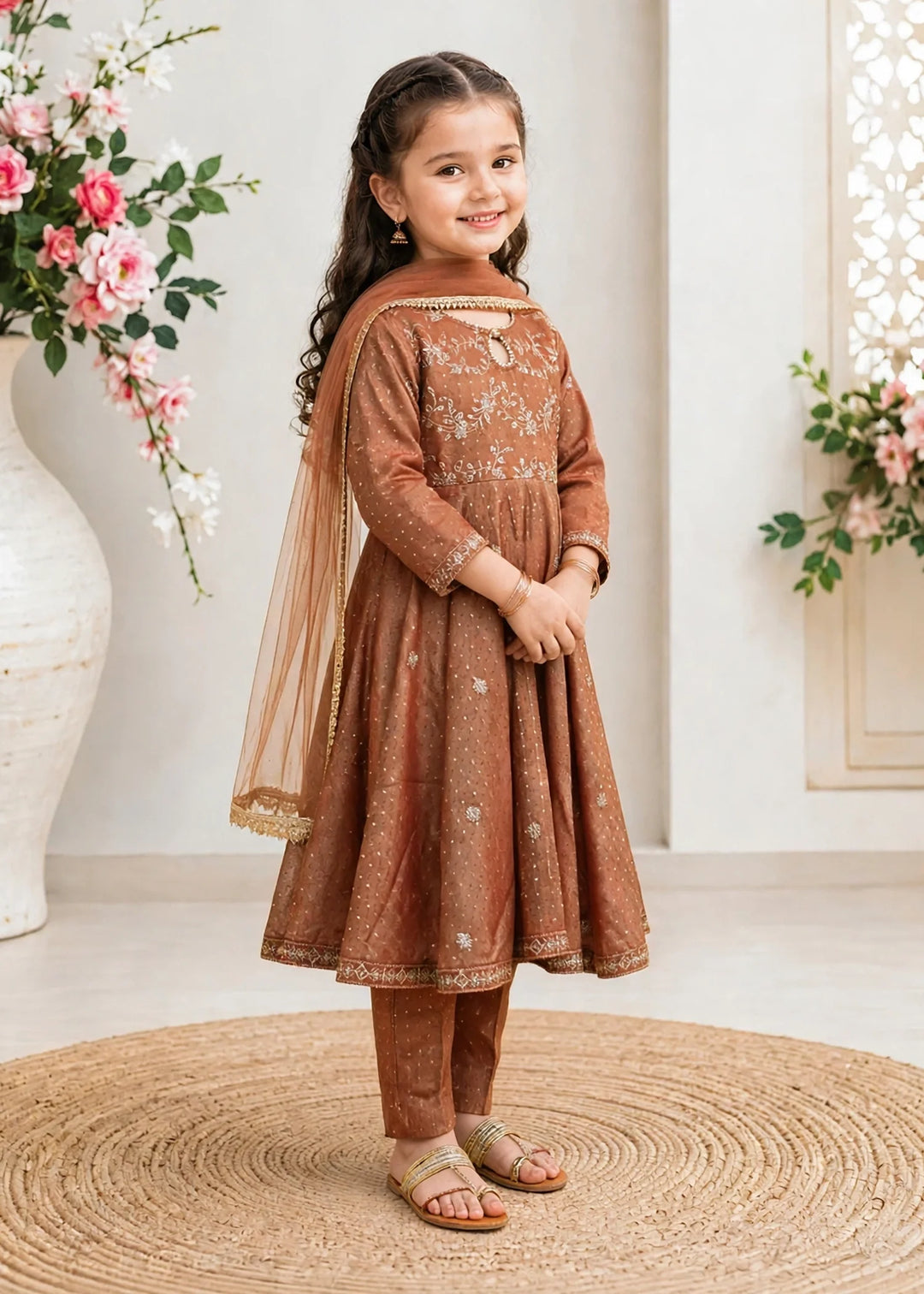 Modest Cotton Lawn Embroidered Frock Brown 3 Piece