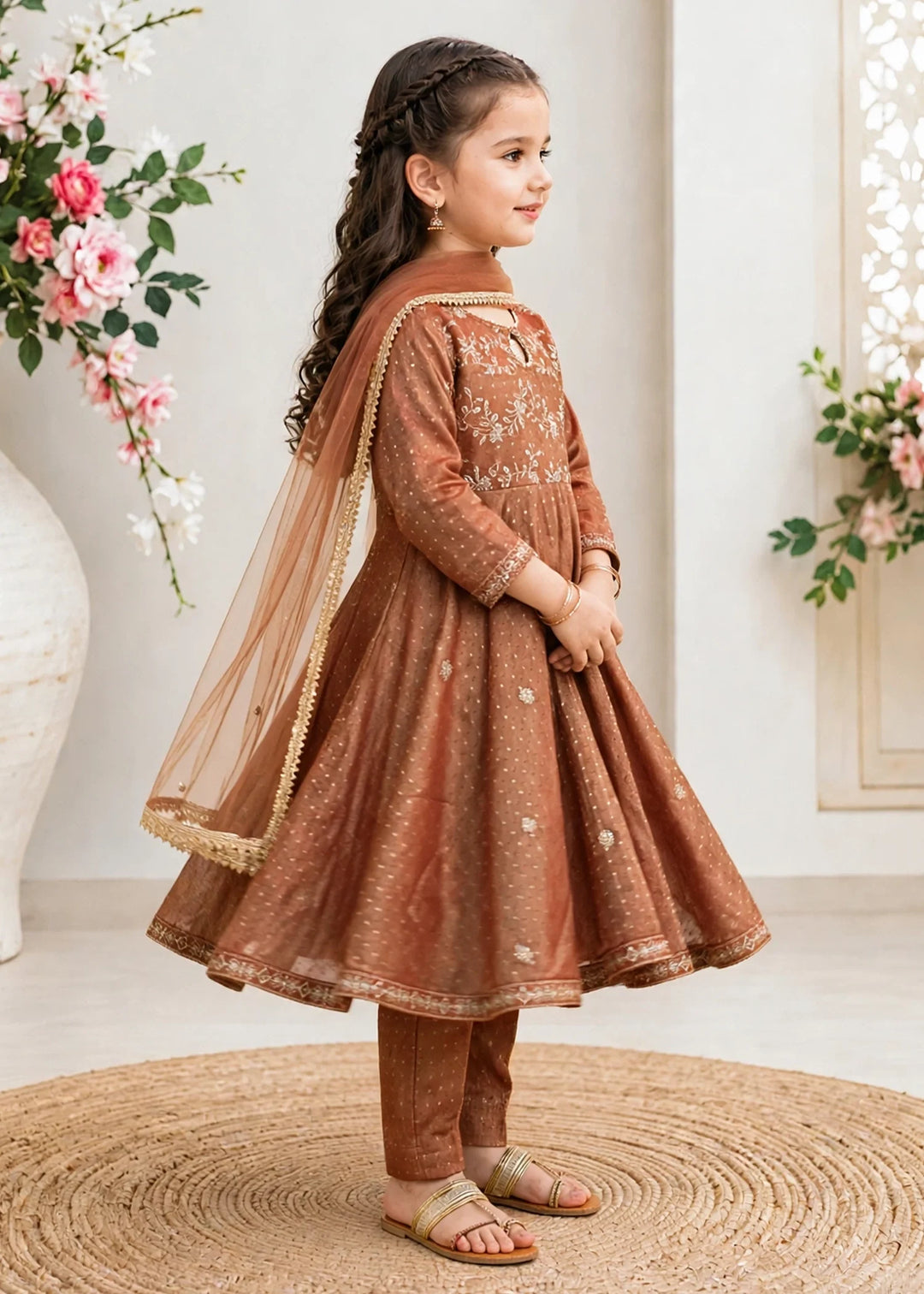 Modest Cotton Lawn Embroidered Frock Brown 3 Piece