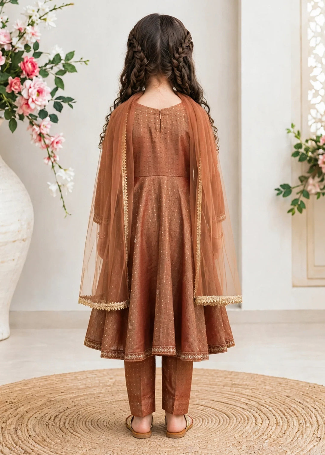 Modest Cotton Lawn Embroidered Frock Brown 3 Piece