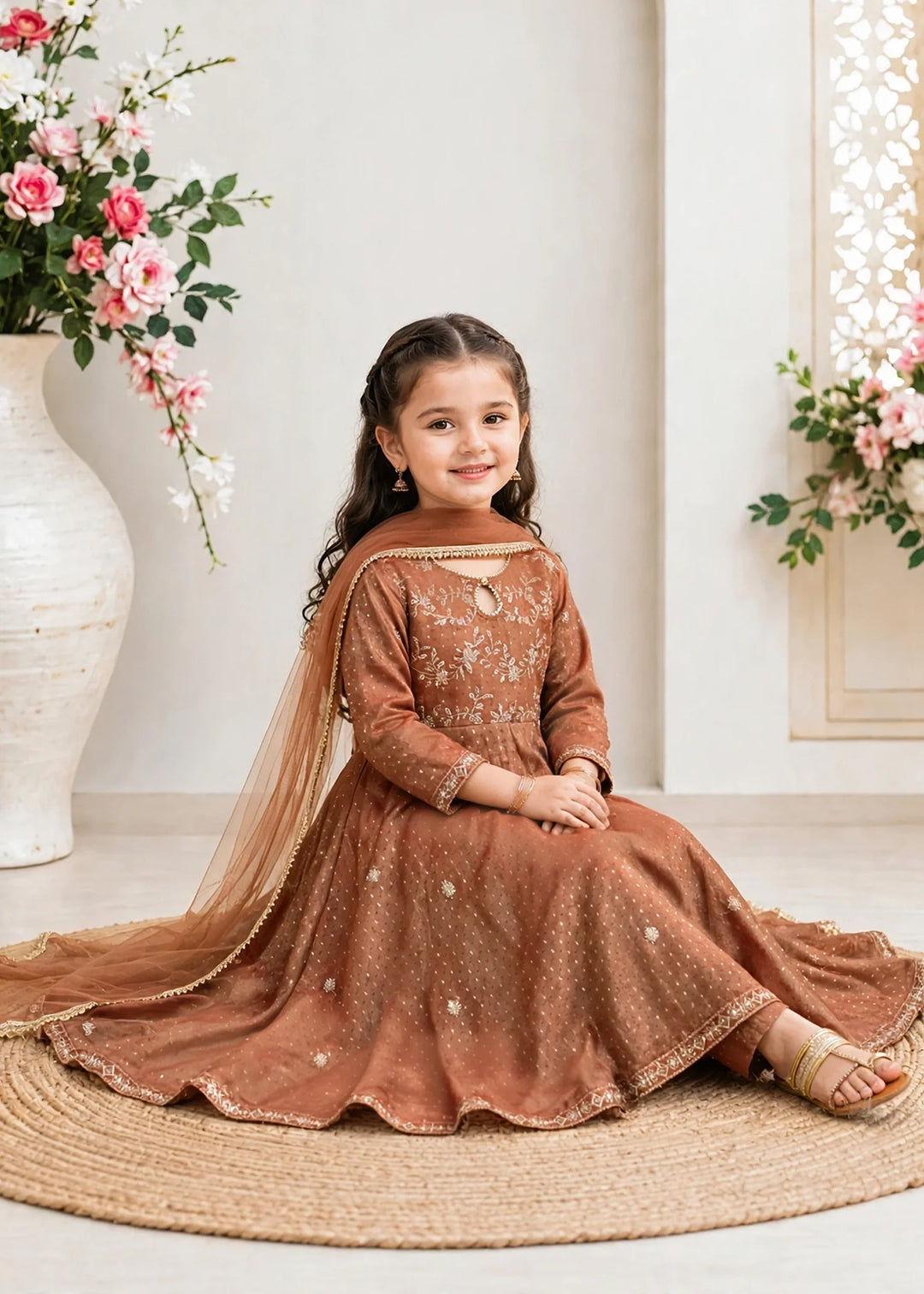 Modest Cotton Lawn Embroidered Frock Brown 3 Piece