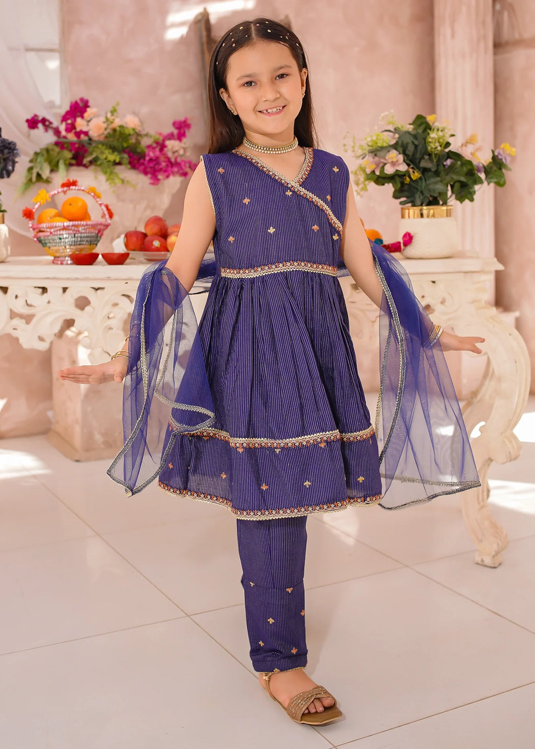 Modest - Cotton Lawn Embroidered Frock For Girl - Navy Blue - 3 Piece