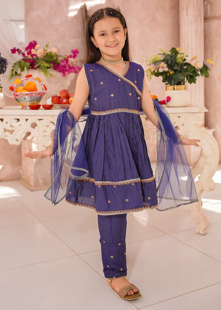 Modest - Cotton Lawn Embroidered Frock For Girl - Navy Blue - 3 Piece