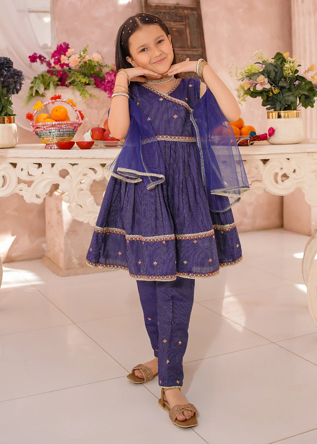 Modest - Cotton Lawn Embroidered Frock For Girl - Navy Blue - 3 Piece