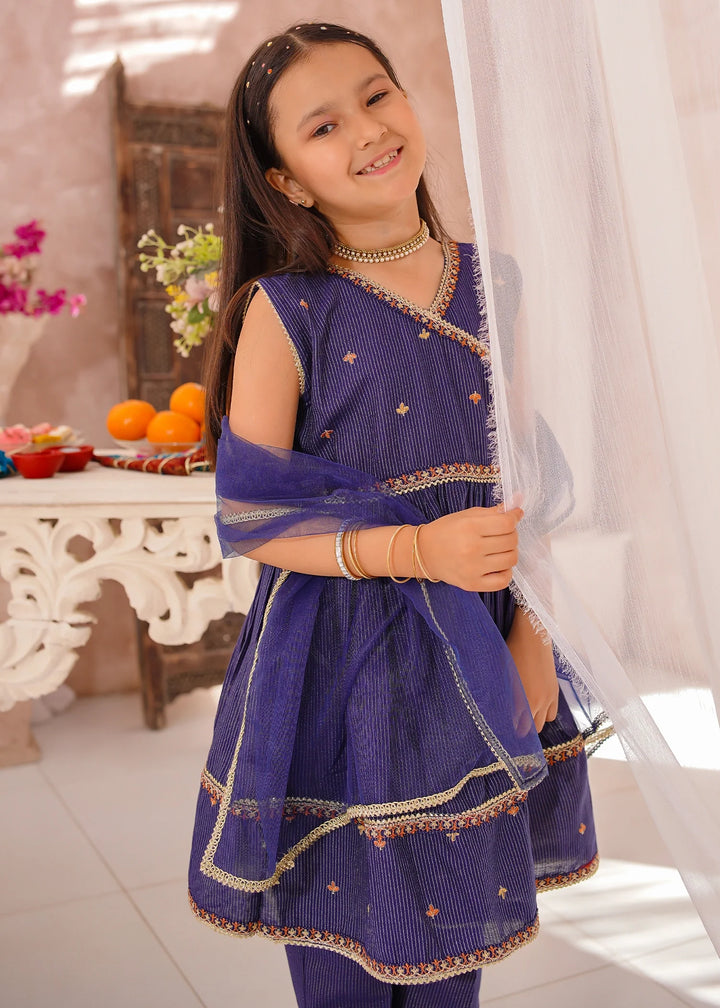 Modest - Cotton Lawn Embroidered Frock For Girl - Navy Blue - 3 Piece