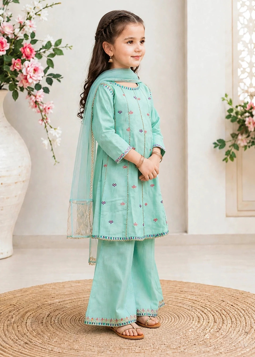 Modest Cotton Lawn Embroidered Gharara Blue 3 Piece