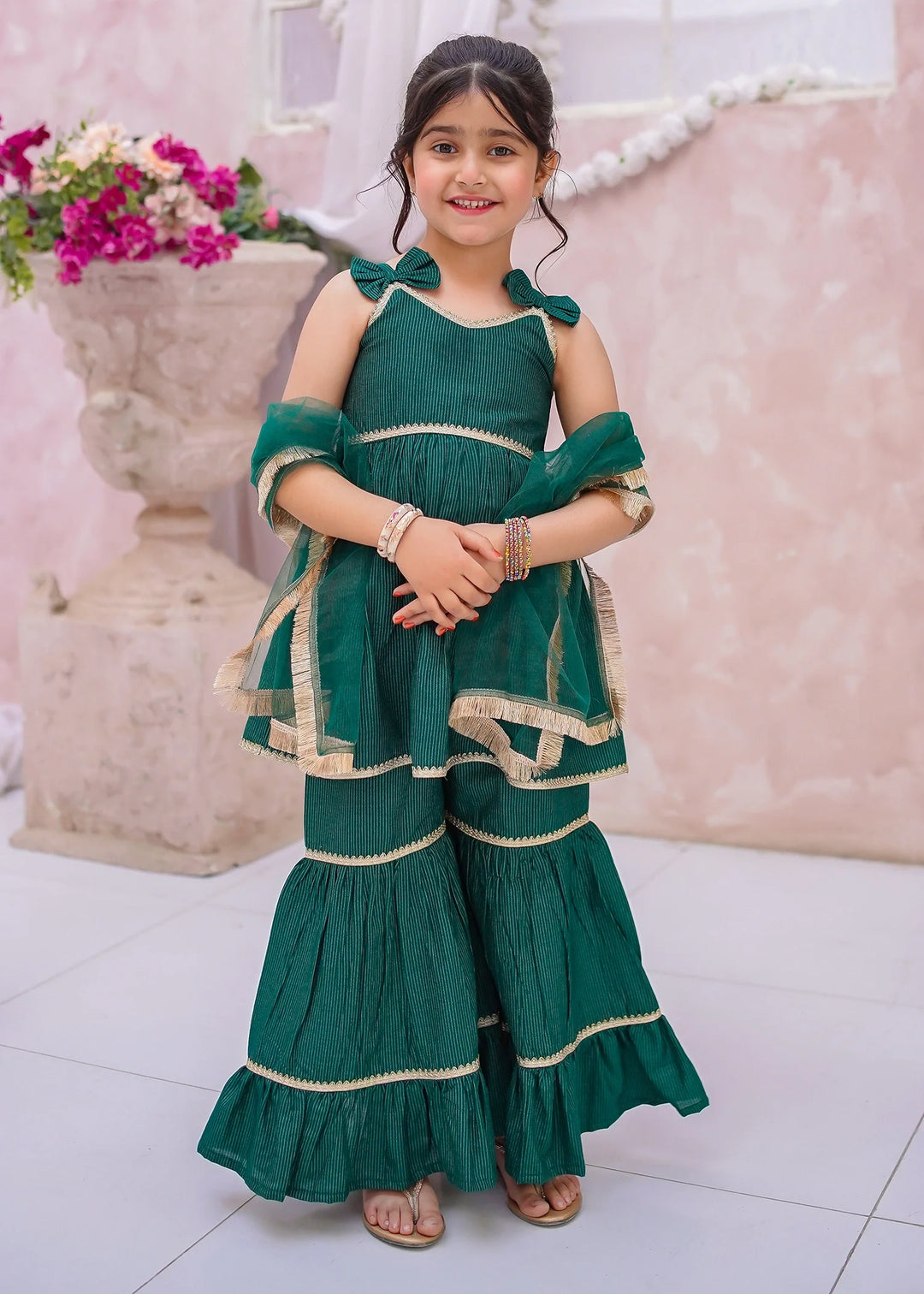 Modest - Cotton Lawn Embroidered Gharara For Girl - Green - 3 Piece