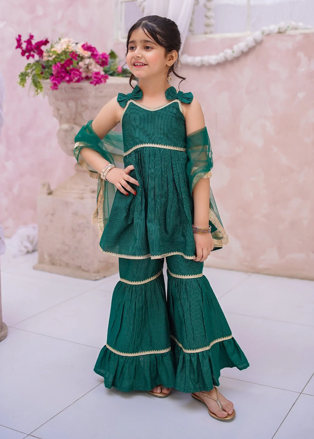 Modest - Cotton Lawn Embroidered Gharara For Girl - Green - 3 Piece