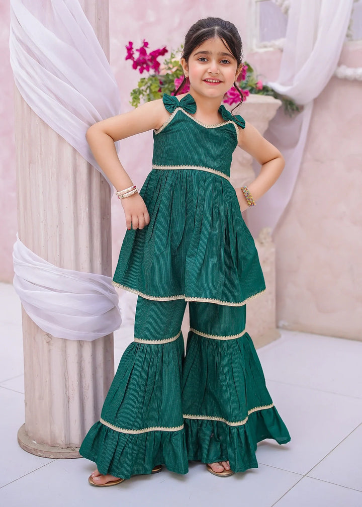 Modest - Cotton Lawn Embroidered Gharara For Girl - Green - 3 Piece