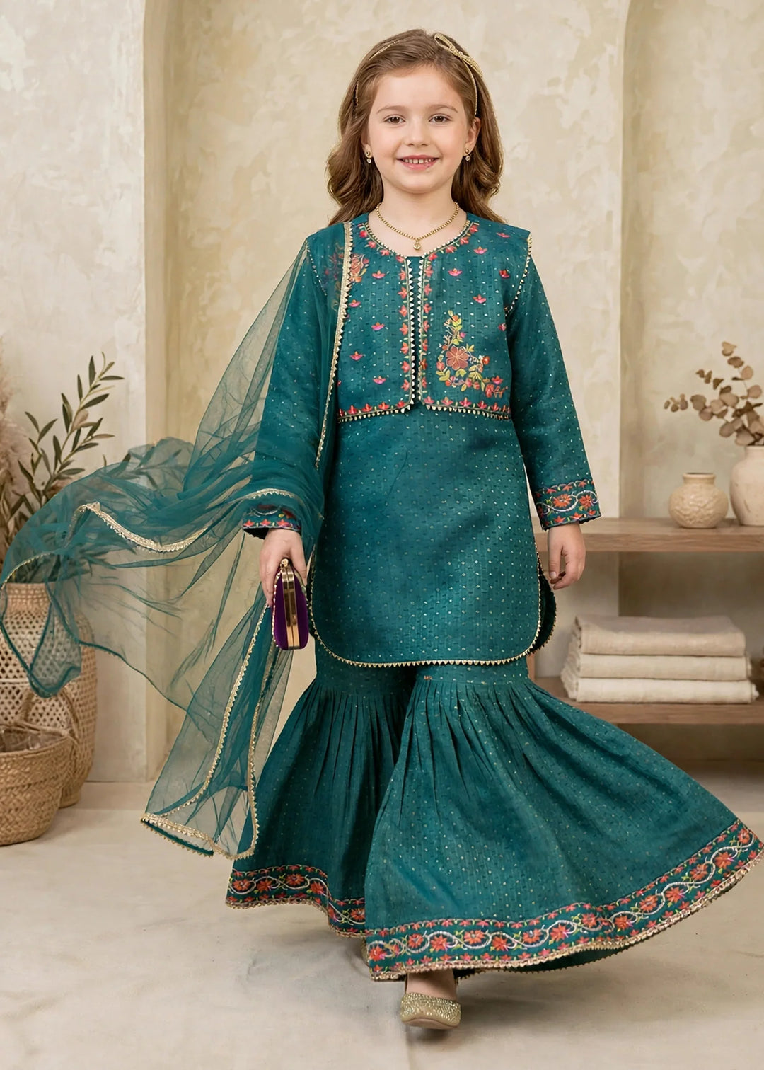 Modest Cotton Lawn Embroidered Gharara Green 3 Piece