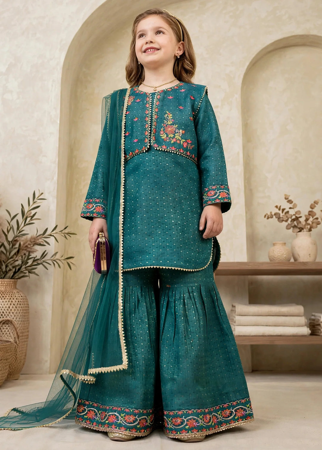 Modest Cotton Lawn Embroidered Gharara Green 3 Piece