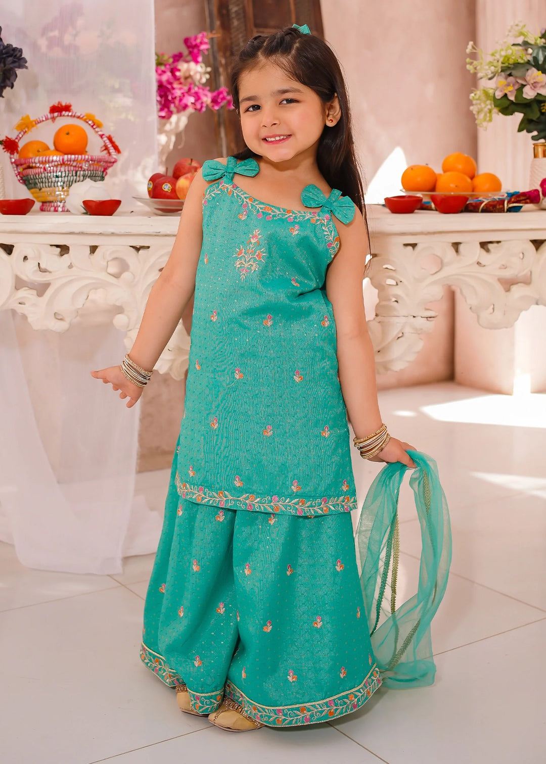Modest - Cotton Lawn Embroidered Sharara For Girl - Green - 3 Piece