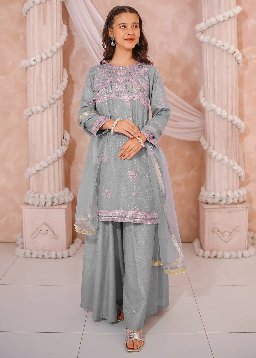 Modest - Cotton Lawn Embroidered Sharara For Girl - Grey - 3 Piece