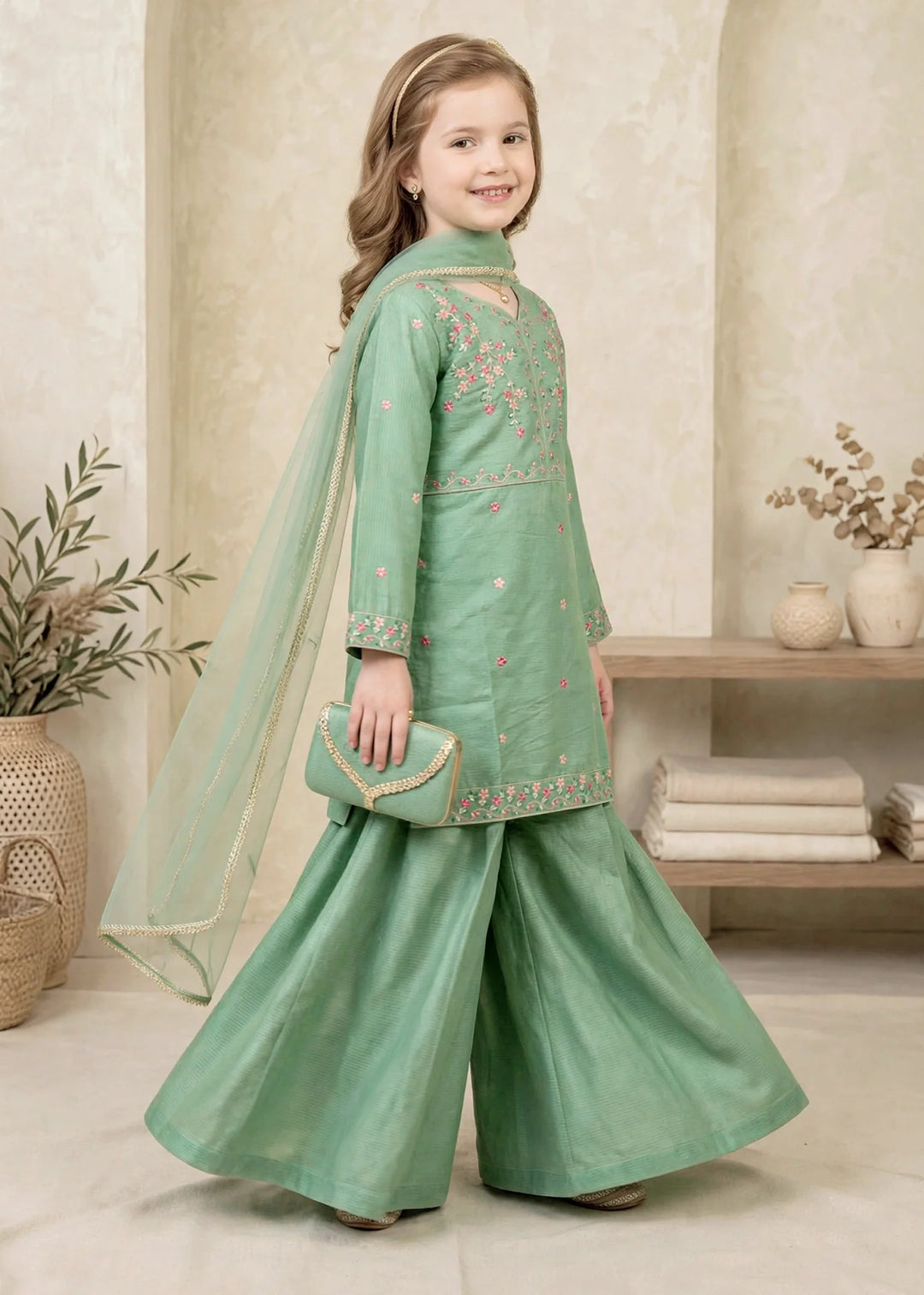 Modest Cotton Lawn Embroidered Sharara Green 3 Piece
