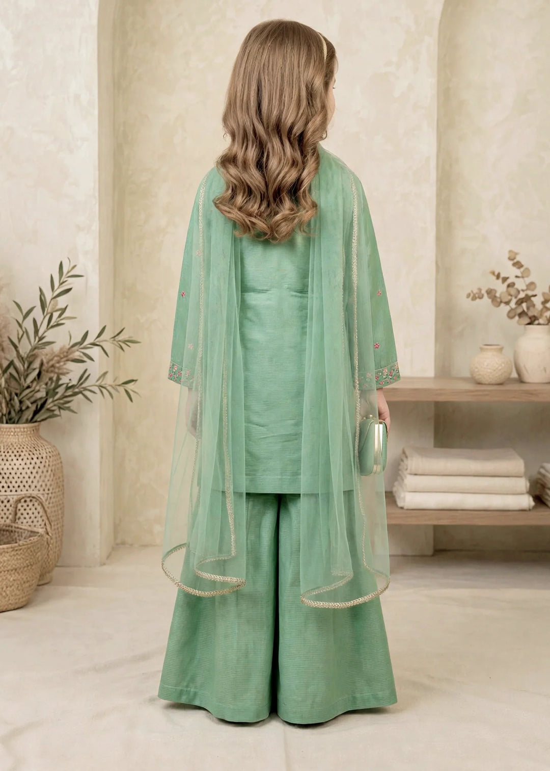 Modest Cotton Lawn Embroidered Sharara Green 3 Piece