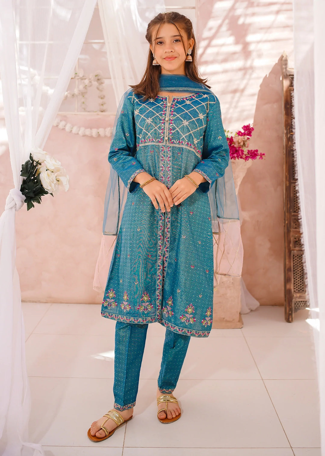 Modest - Cotton Lawn Embroidered Suit For Girl - Blue - 3 Piece