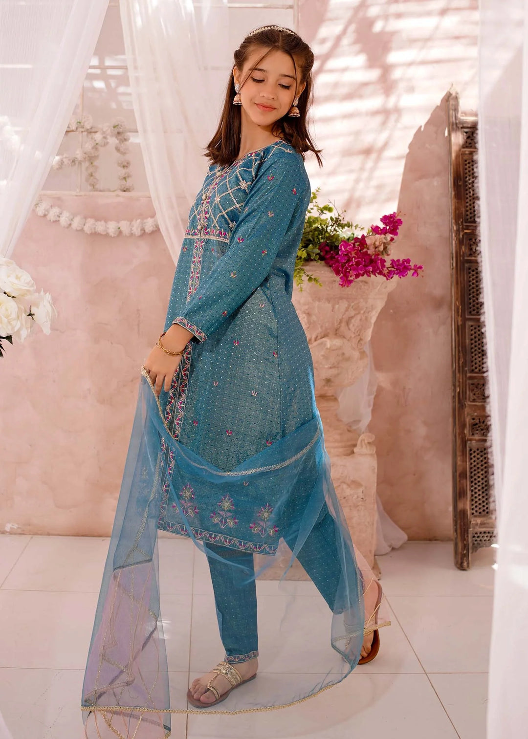 Modest - Cotton Lawn Embroidered Suit For Girl - Blue - 3 Piece