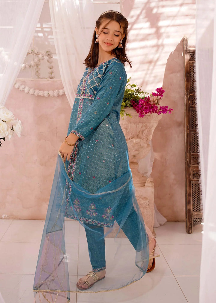 Modest - Cotton Lawn Embroidered Suit For Girl - Blue - 3 Piece