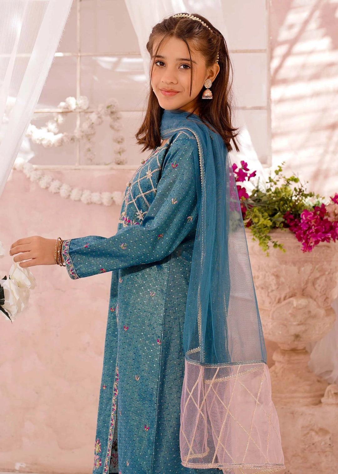 Modest - Cotton Lawn Embroidered Suit For Girl - Blue - 3 Piece