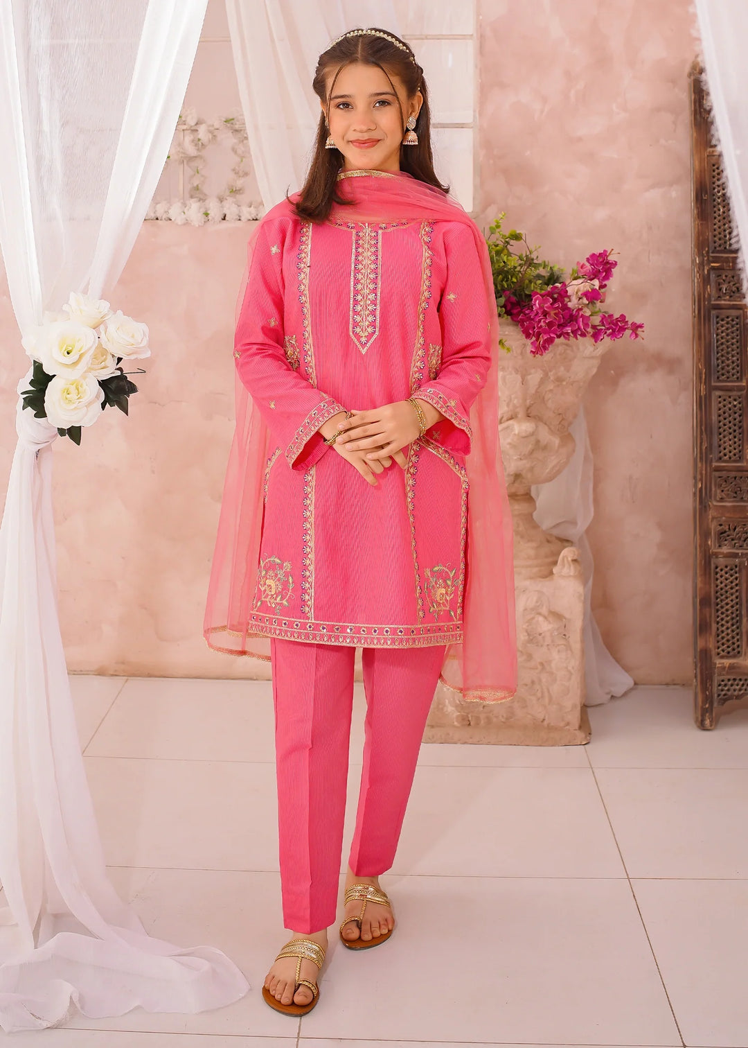 Modest - Cotton Lawn Embroidered Suit For Girl - Pink - 3 Piece