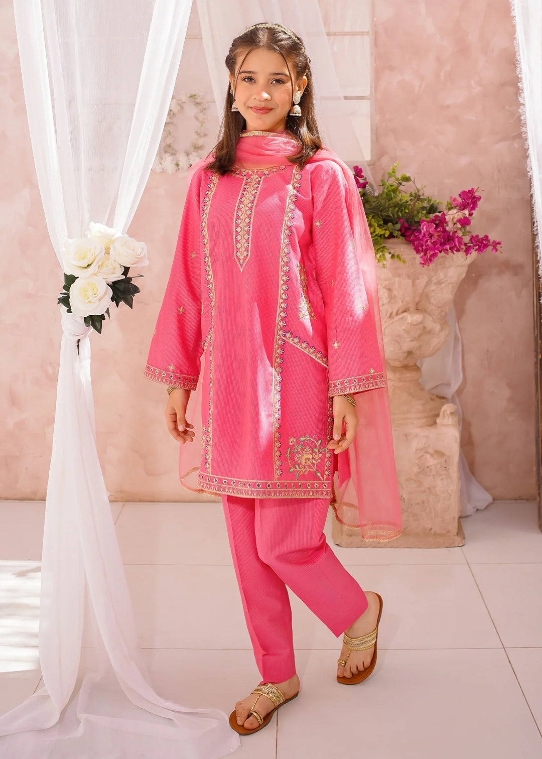 Modest - Cotton Lawn Embroidered Suit For Girl - Pink - 3 Piece