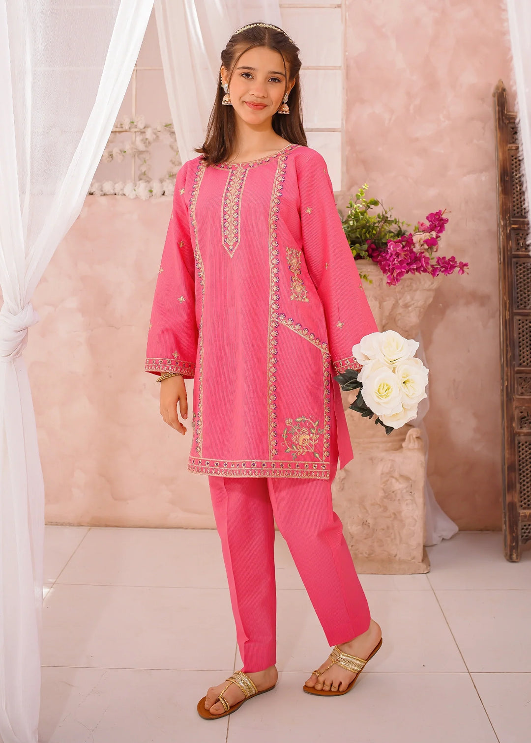 Modest - Cotton Lawn Embroidered Suit For Girl - Pink - 3 Piece