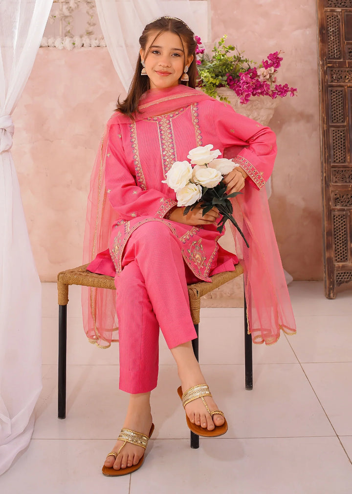 Modest - Cotton Lawn Embroidered Suit For Girl - Pink - 3 Piece