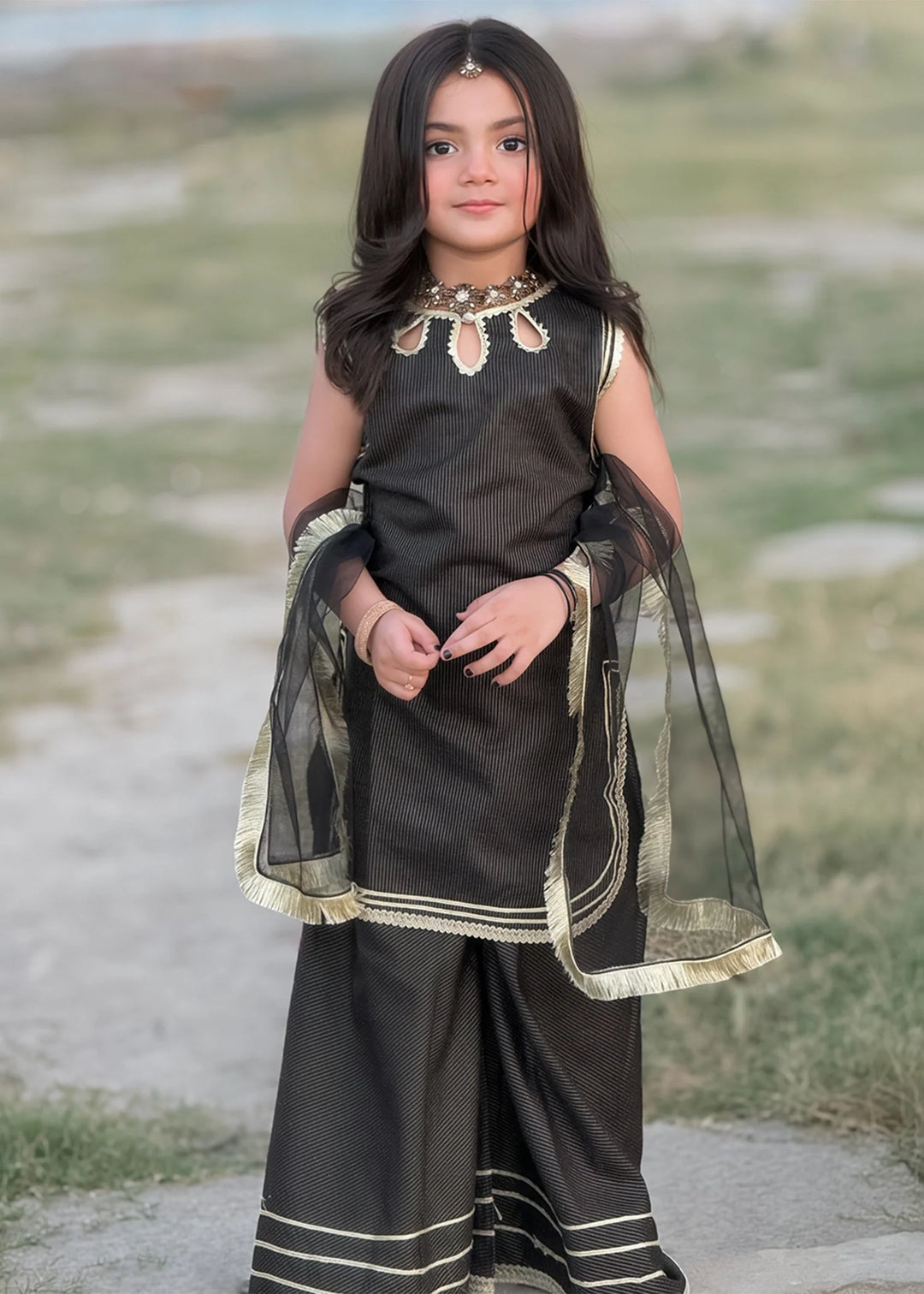 Modest - Cotton Lawn Toddler Dress For Girl - Black - 3 Piece