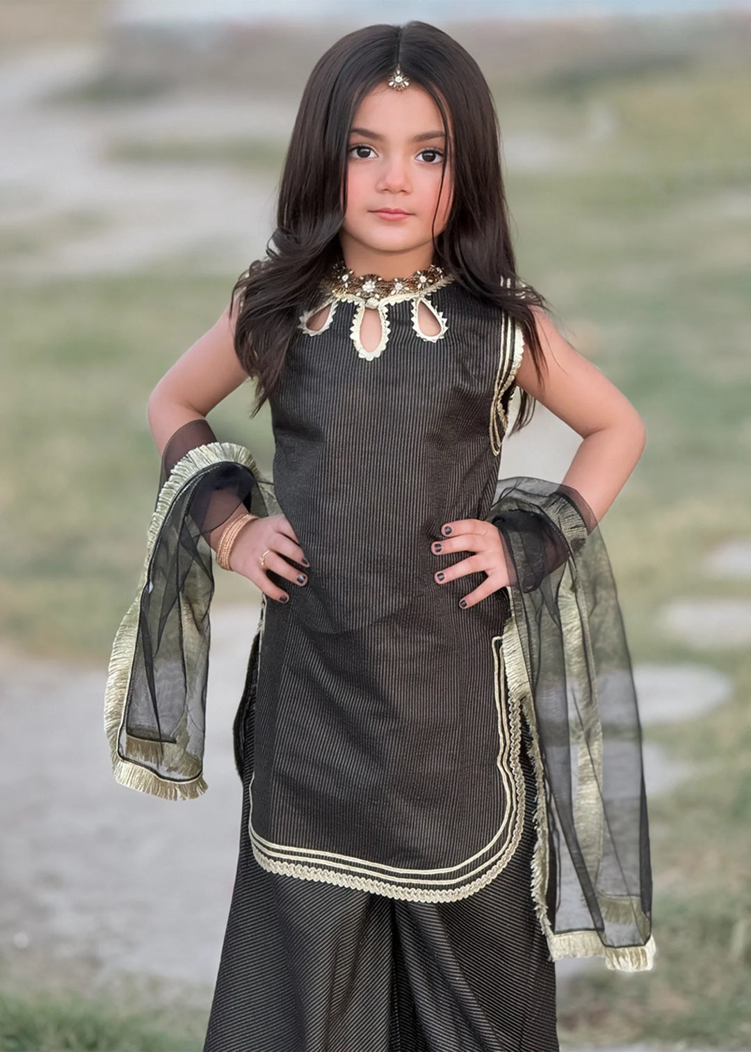 Modest - Cotton Lawn Toddler Dress For Girl - Black - 3 Piece
