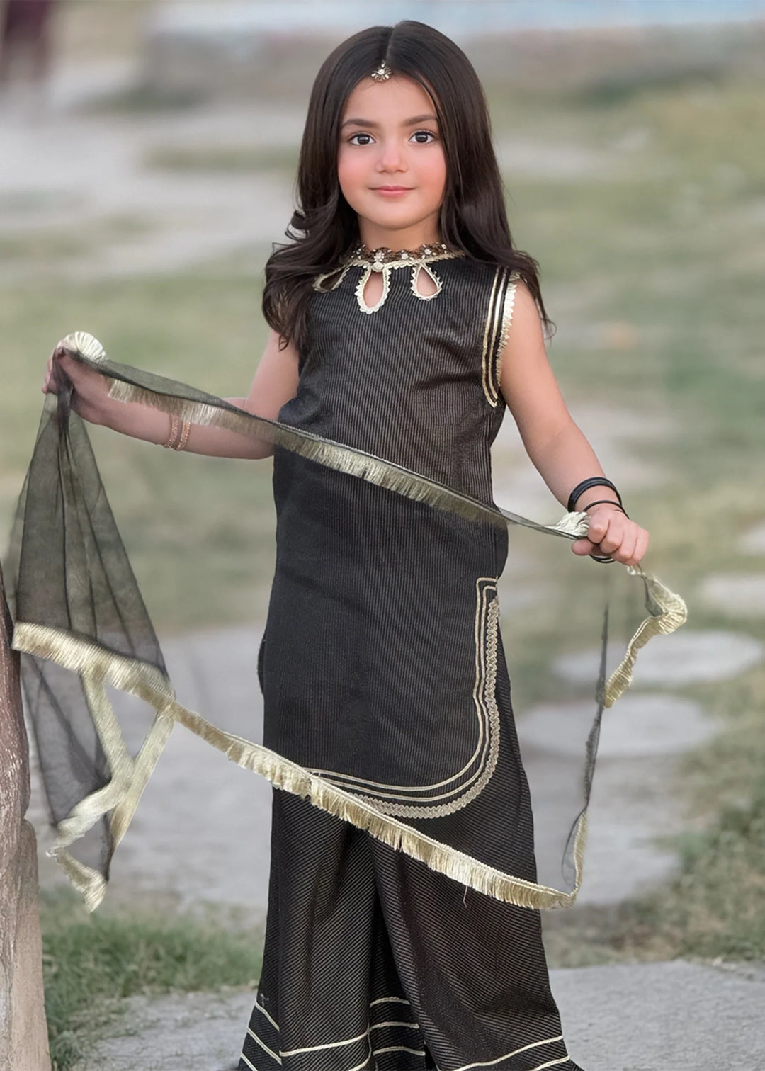 Modest - Cotton Lawn Toddler Dress For Girl - Black - 3 Piece
