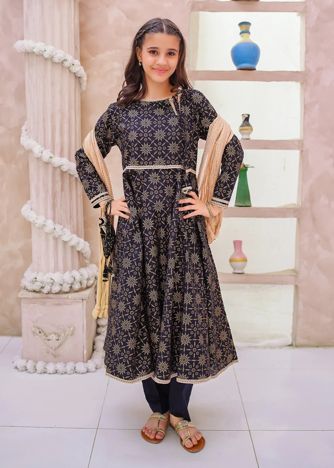 Modest - Cotton Printed Frock For Girl - Black - 3 Piece