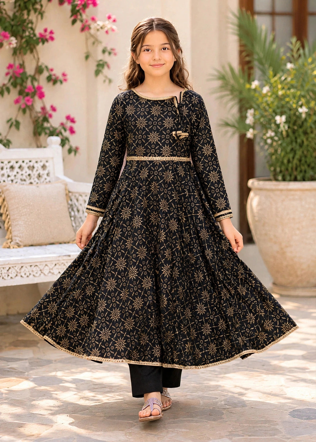 Modest - Cotton Printed Frock For Girl - Black - 3 Piece