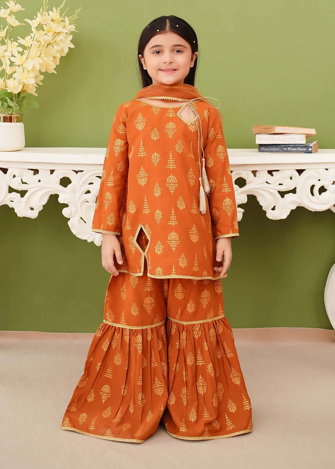 Modest - Cotton Printed Gharara For Girl - Mustard - 3 Piece