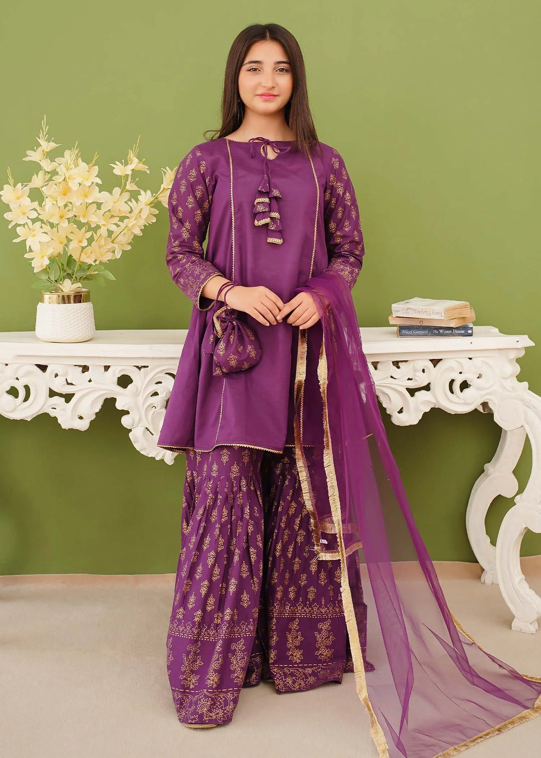Modest - Cotton Printed Gharara For Girl - Purple - 3 Piece