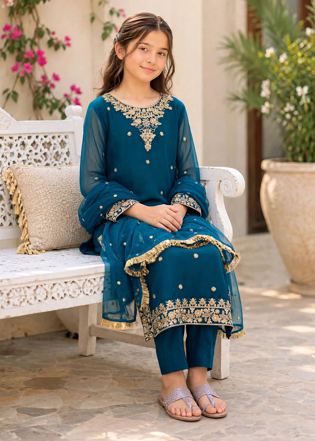 Modest - Crinkle Embroidered Suit For Girl - Blue - 3 Piece