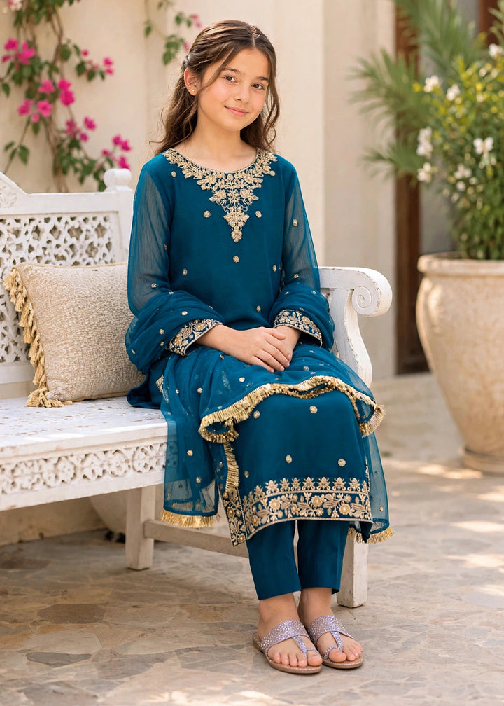 Modest - Crinkle Embroidered Suit For Girl - Blue - 3 Piece